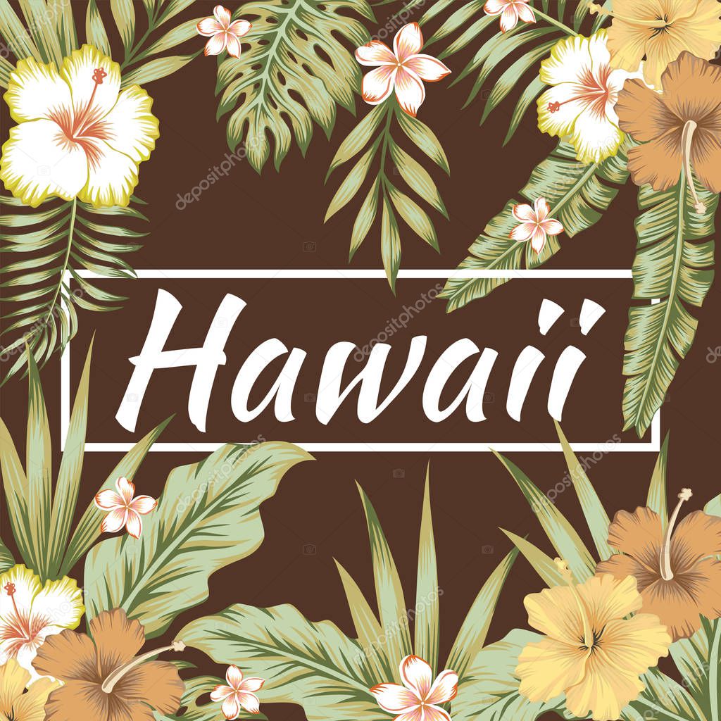 Trendy slogan Hawaii in the frame. The composition of tropical banana leaves, flowers hibiscus and frangipani. Brown background