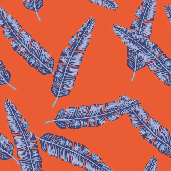 Bleu banane feuilles sans couture motif de fond orange — Image vectorielle