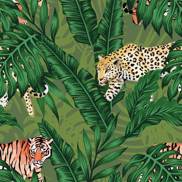 Hojas de plátano verde tigre leopardo fondo sin costuras — Vector de stock