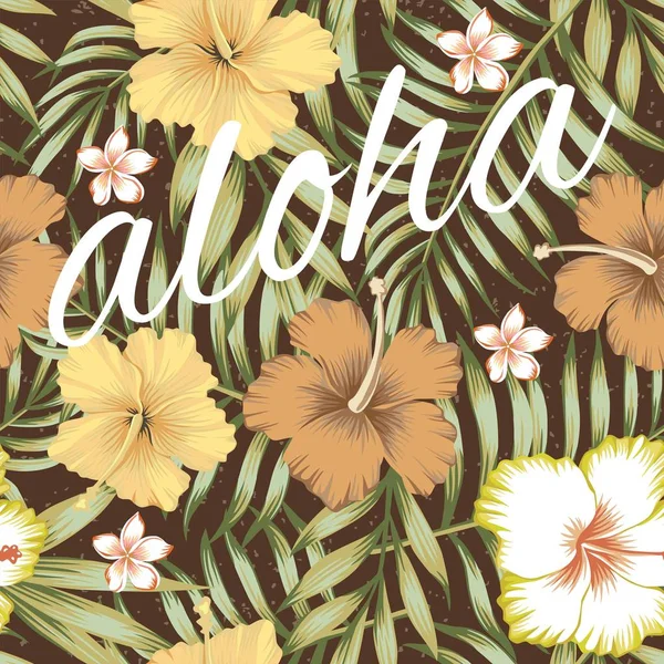 Slogan aloha tropiska löv hibiscus brun bakgrund — Stock vektor
