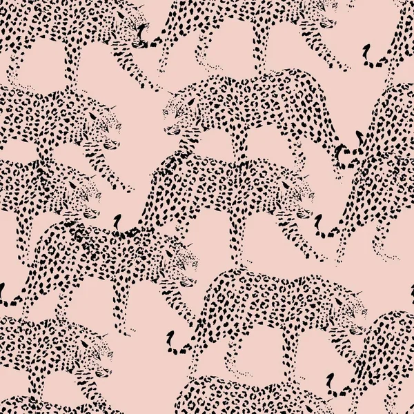 Silueta negro patrón de leopardo sin costuras fondo rosa — Vector de stock