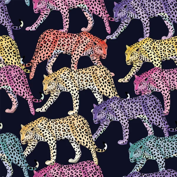 Patrón de leopardo multicolor sin costuras fondo azul oscuro — Archivo Imágenes Vectoriales