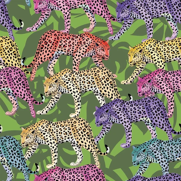 Multicolor leopard mönster sömlös gröna löv bakgrund — Stock vektor