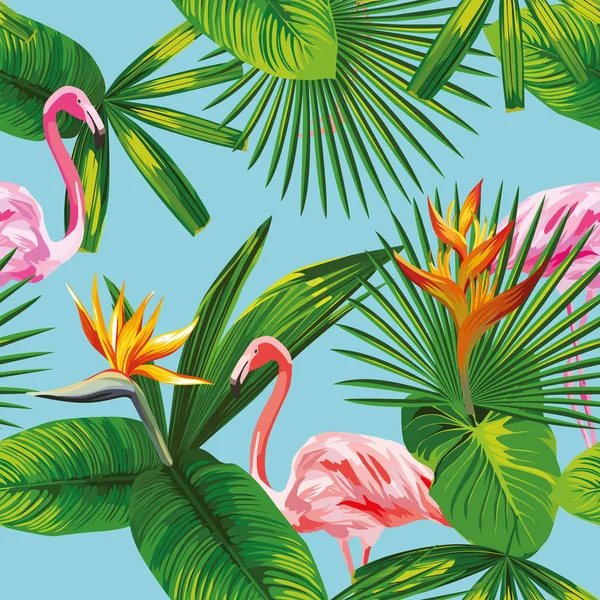 Pink flamingo tropical leaves and flowers seamless blue backgrou — Stock Vector