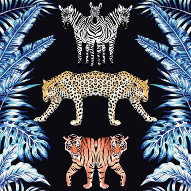 Mavi yaprakları siyah arka plan deseni Zebra panther tiger ayna