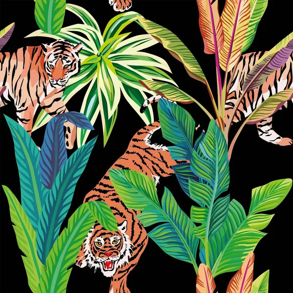 Тигр у тропічних джунглях чорний фон — стоковий вектор