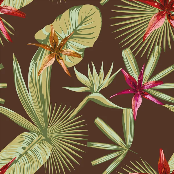Nahtlose tropische Blätter und Blumen braunen Hintergrund — Stockvektor