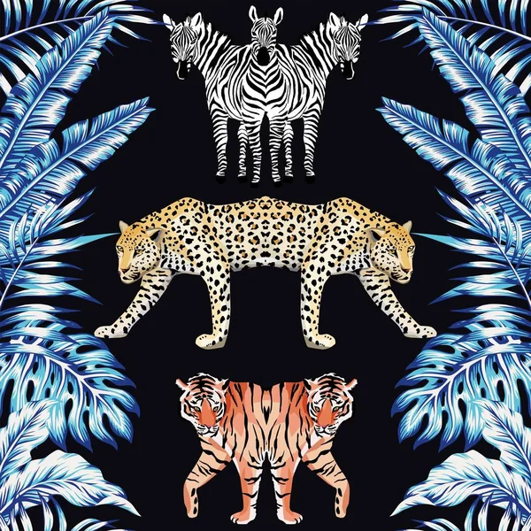 Cebra pantera tigre espejo azul hojas negro fondo patrón — Vector de stock
