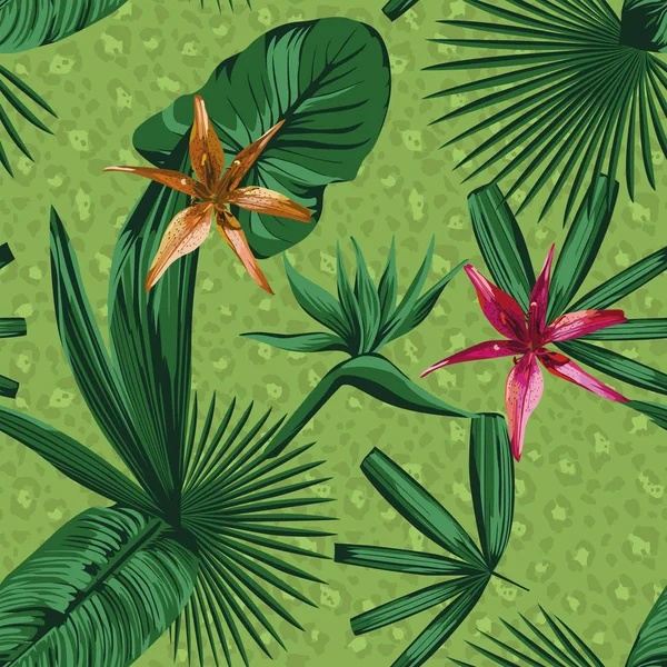 Hojas tropicales sin costuras y flores fondo de leopardo verde — Vector de stock