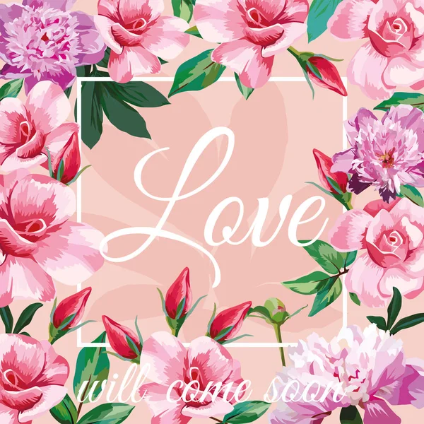 Slogan amore verrà presto rosa chiaro rosa peonia sfondo — Vettoriale Stock