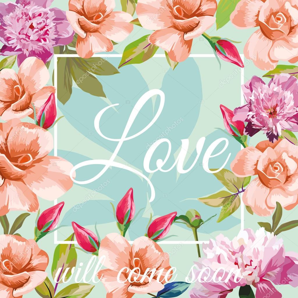 Trendy slogan love will come soon in the frame on the aqua mint background of roses and peonies illustration pattern wallpaper