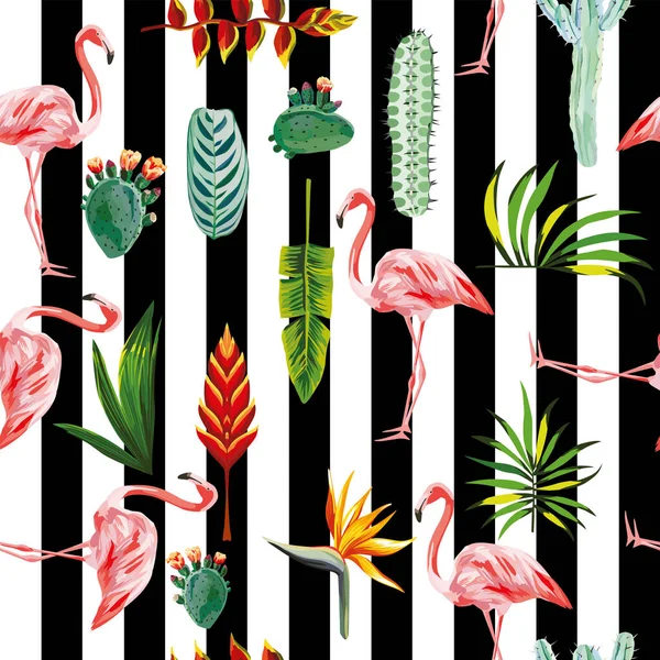 Flamingo folhas flores sem costura listrado fundo —  Vetores de Stock