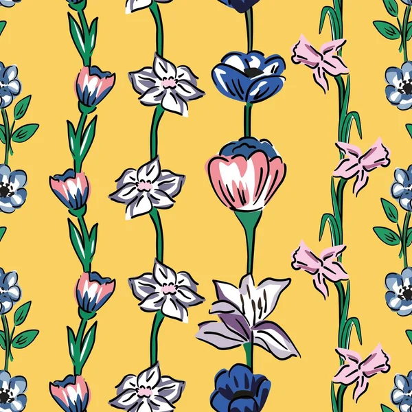 Wilde bloemen naadloze patroon gele achtergrond — Stockvector