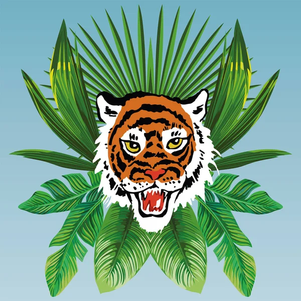 Cabeza de tigre sobre hojas tropicales fondo azul — Vector de stock