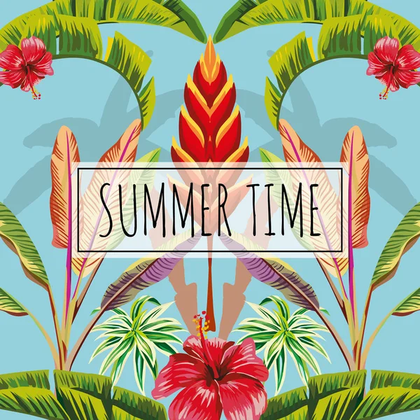 Slogan summer time leaves and flowers blue background — Stock Vector