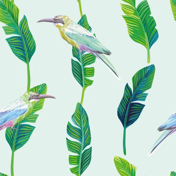 Palma de las aves tropicales hojas fondo verde — Vector de stock