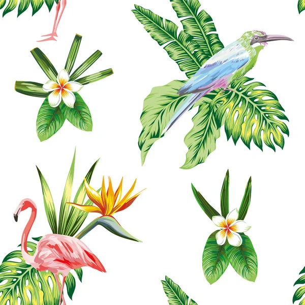 Composition of tropical bird flowers and plants white background — Stock Vector