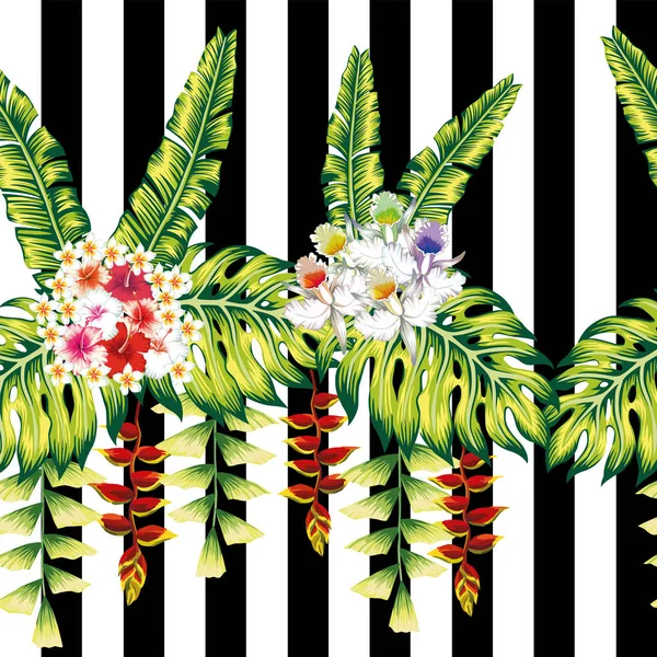 Flores tropicales y hojas inconsútil negro blanco raya backgrou — Vector de stock