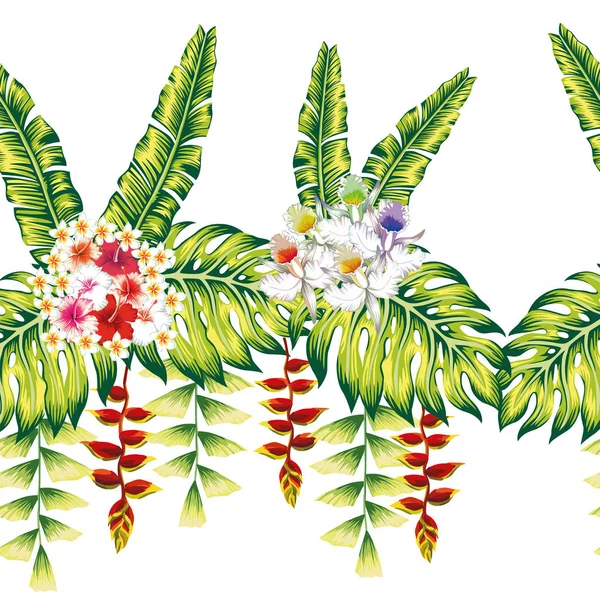 Fiori tropicali e foglie senza soluzione di continuità sfondo bianco — Vettoriale Stock