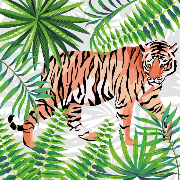 Tigre sobre el fondo blanco de la selva tropical — Vector de stock