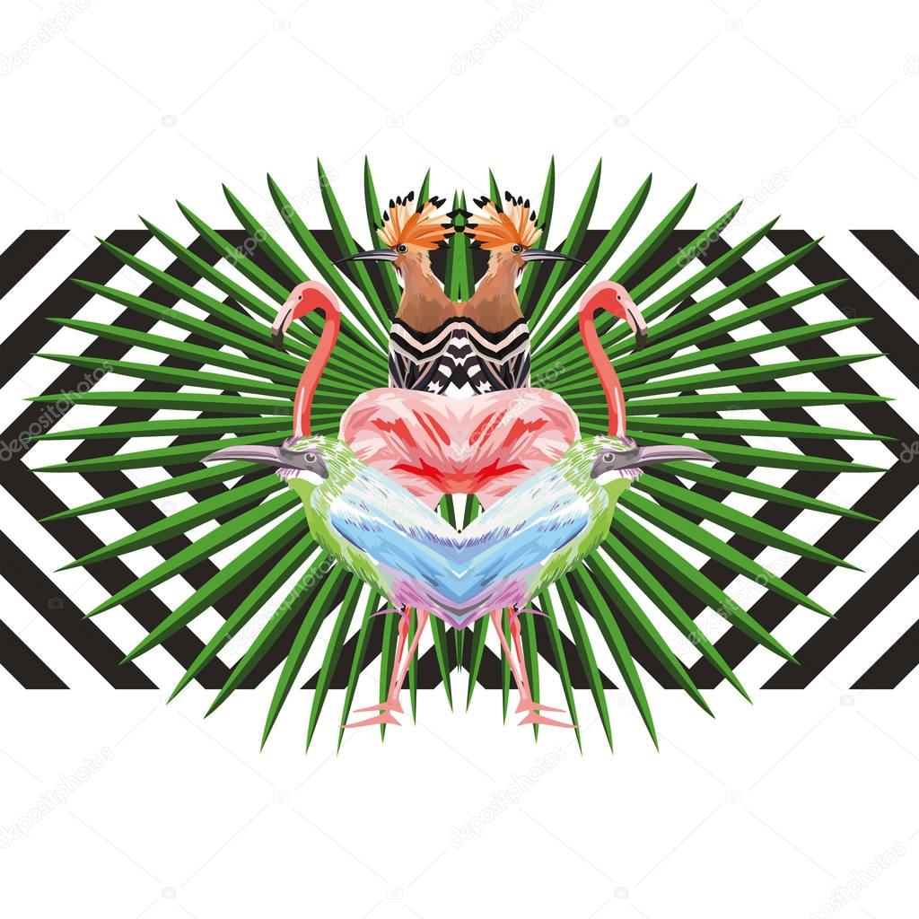 mirror tropical birds and leaves geometric background