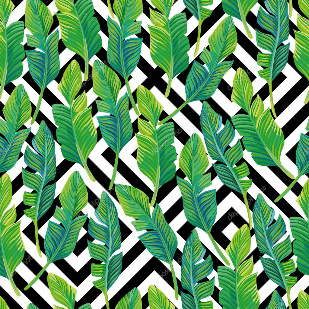 Palm leaves seamless pattern black white geometric background