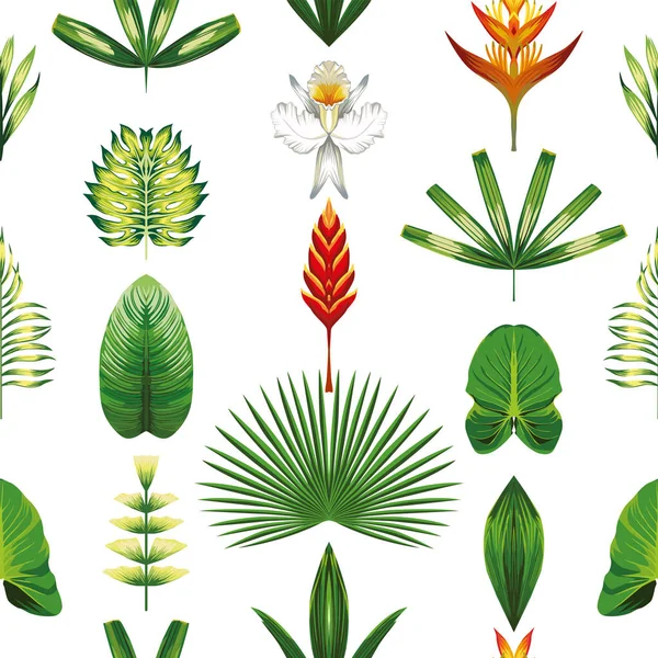 Flores tropicales simétricas sin costuras y hojas de fondo blanco — Vector de stock