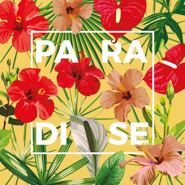Slogan Paradiesblumen hinterlässt gelben Hintergrund — Stockvektor