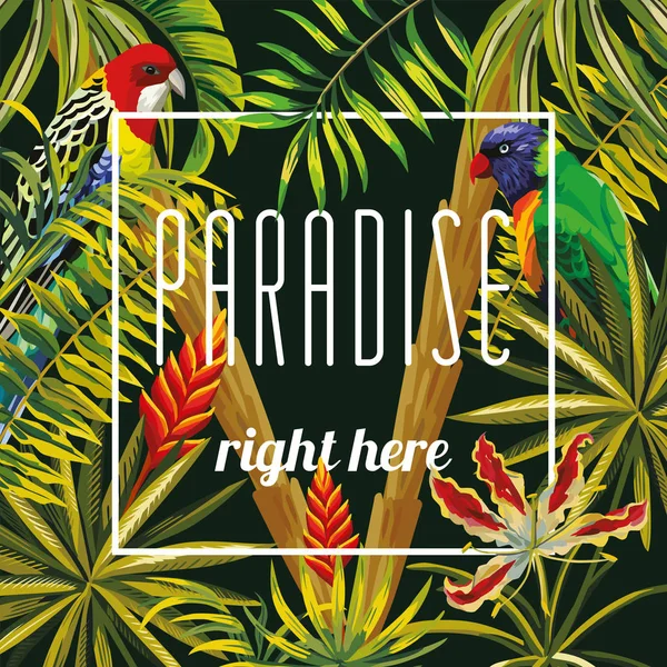 Slogan paradijs righ hier bloemen bladeren papegaai zwarte achtergrond — Stockvector