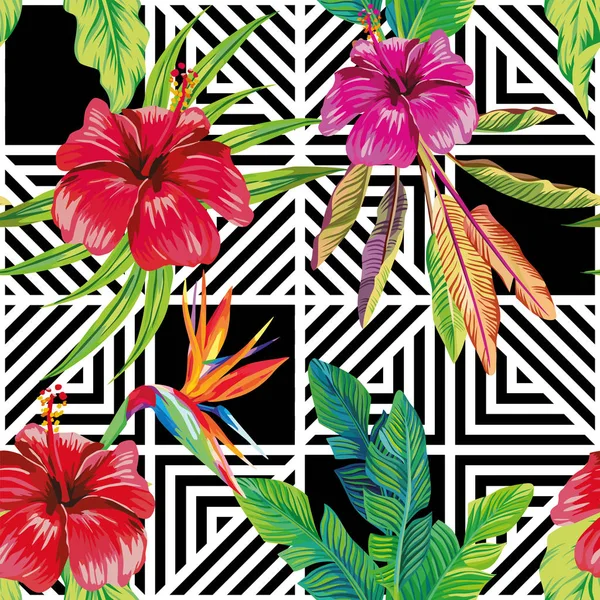 Hibiscus oiseau de paradis laisse géométrique noir blanc sans couture — Image vectorielle