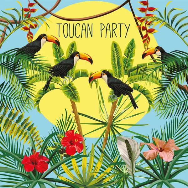 Toucan party slogan banana palm flowers leaves and sun sky backg — Stock Vector