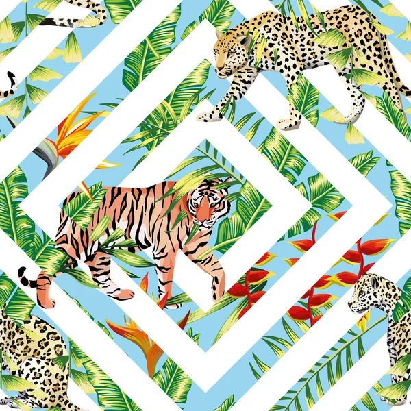 Tiger leopard sömlös tropiska löv geometriska bakgrund — Stock vektor