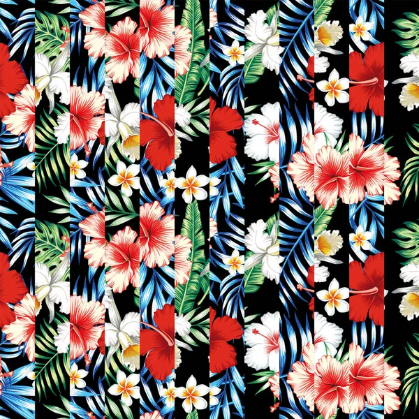 Sorunsuz tropikal çiçek ve yaprakları geri patchwork siyah şeritler — Stok Vektör