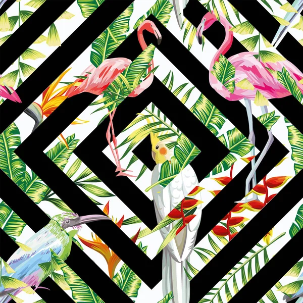 Oiseaux tropicaux laisse sans couture fond géométrique — Image vectorielle