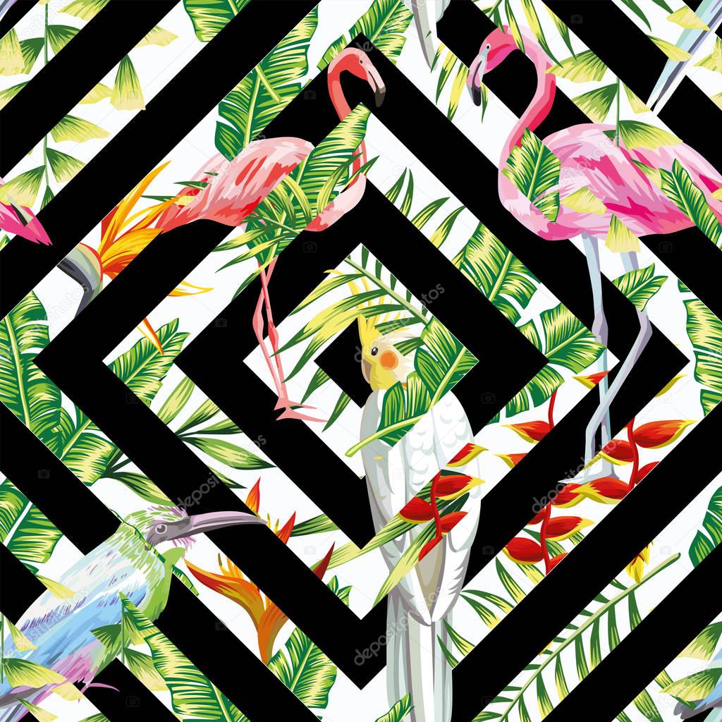 Tropical birds leaves seamless geometric background