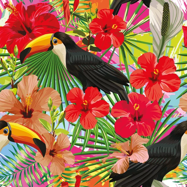 Toucan blad och blommor sömlösa mönster färgstarka brokiga backg — Stock vektor