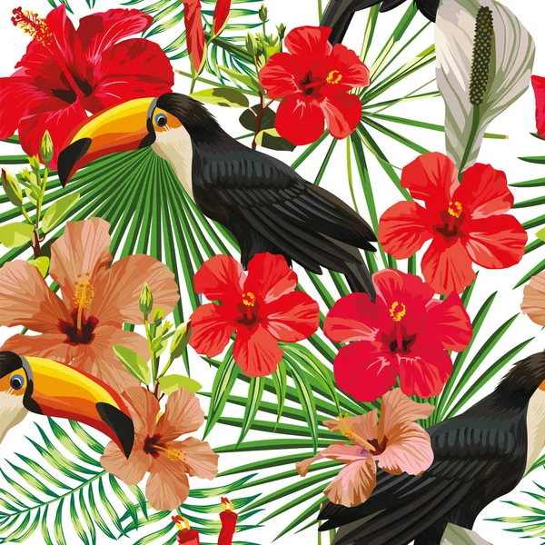 Toucan blad och blommor sömlösa mönster vit bakgrund — Stock vektor