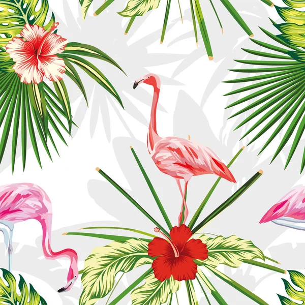 Composition exotic birds flamingos plants flowers light backgrou — Stock Vector