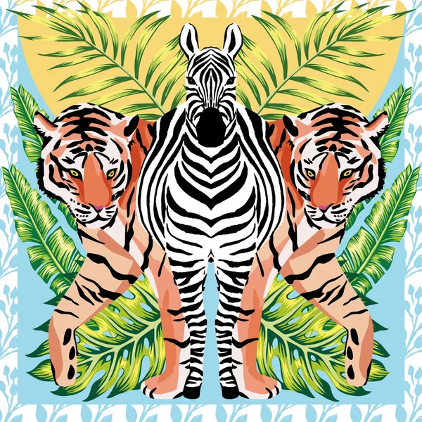 Zebra e tigre con foglie tropicali, stile specchio solare — Vettoriale Stock