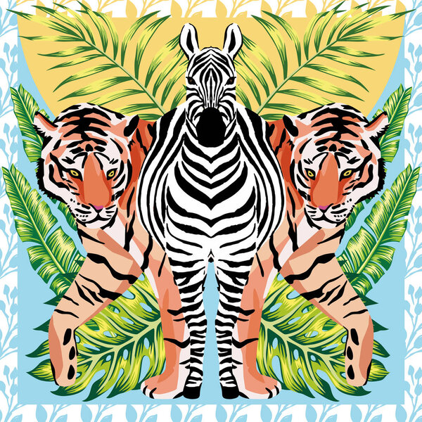 Zebra and tiger with tropical leaves, sun mirror style