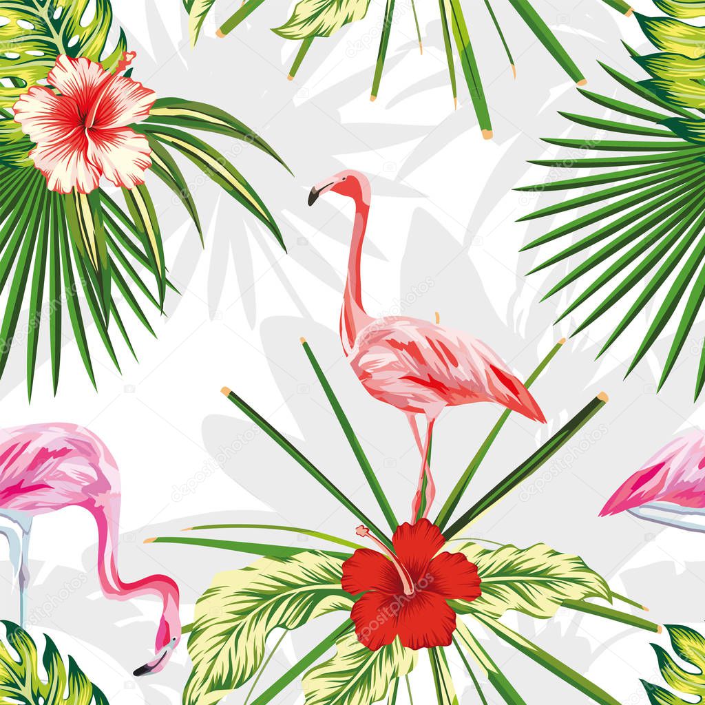 Composition exotic birds flamingos plants flowers light backgrou