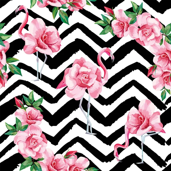 Flamingo roses seamless pattern black white zigzag background — Stock Vector