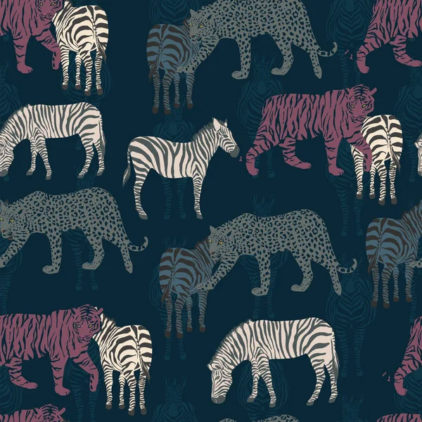 Abstrakta sömlösa mönster zebra tiger panther Mörk blå backgrou — Stock vektor