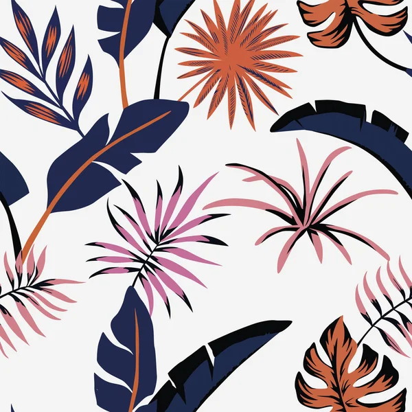 Feuilles tropicales couleur abstraite fond blanc sans couture — Image vectorielle