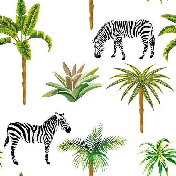 Животные зебры пальмы кактус бесшовный белый фон — стоковый вектор