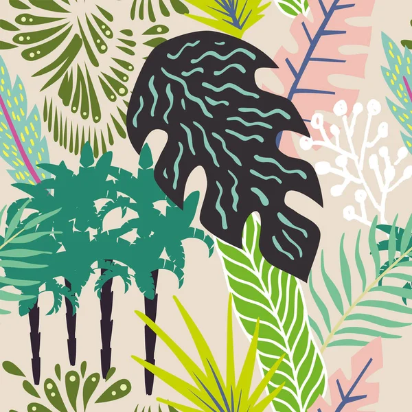 Abstrakte Blätter und Palmen nahtlos beige Hintergrund — Stockvektor
