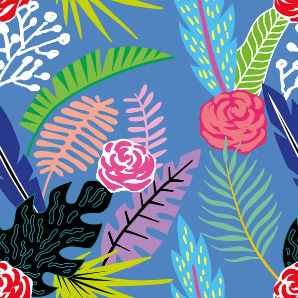 Kreskówka tropikalnych kwiatów i liści bezszwowe tło niebieskie — Wektor stockowy