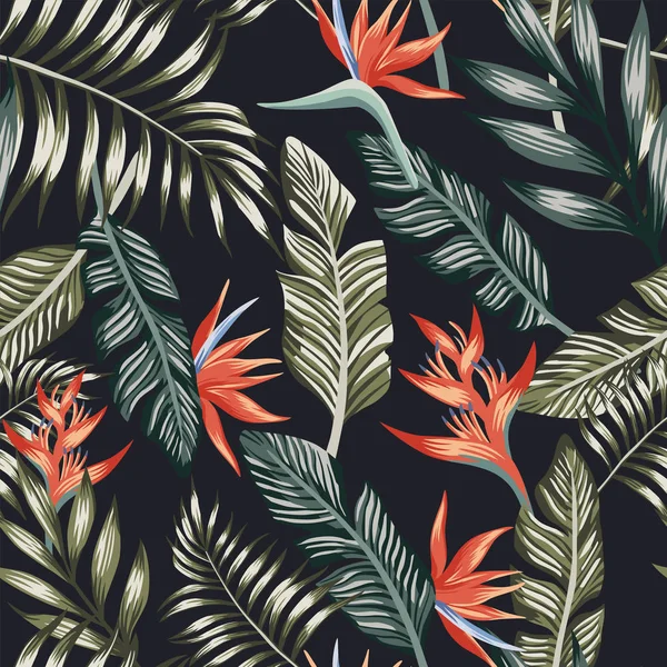 Palmblätter tropischen Blumen nahtlosen schwarzen Hintergrund — Stockvektor