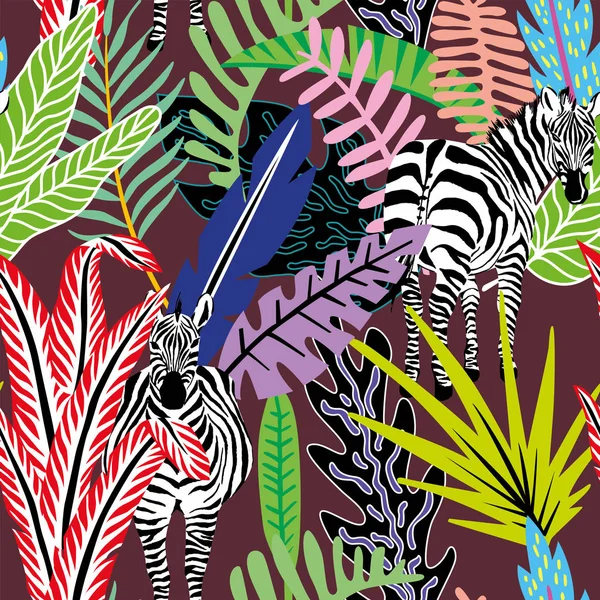 Abstract seamless pattern zebra in the jungle burgundy backgroun — Stock Vector