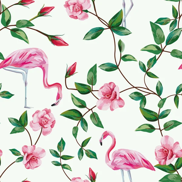 Flamingo i oddział róże bezszwowe białe tło — Wektor stockowy